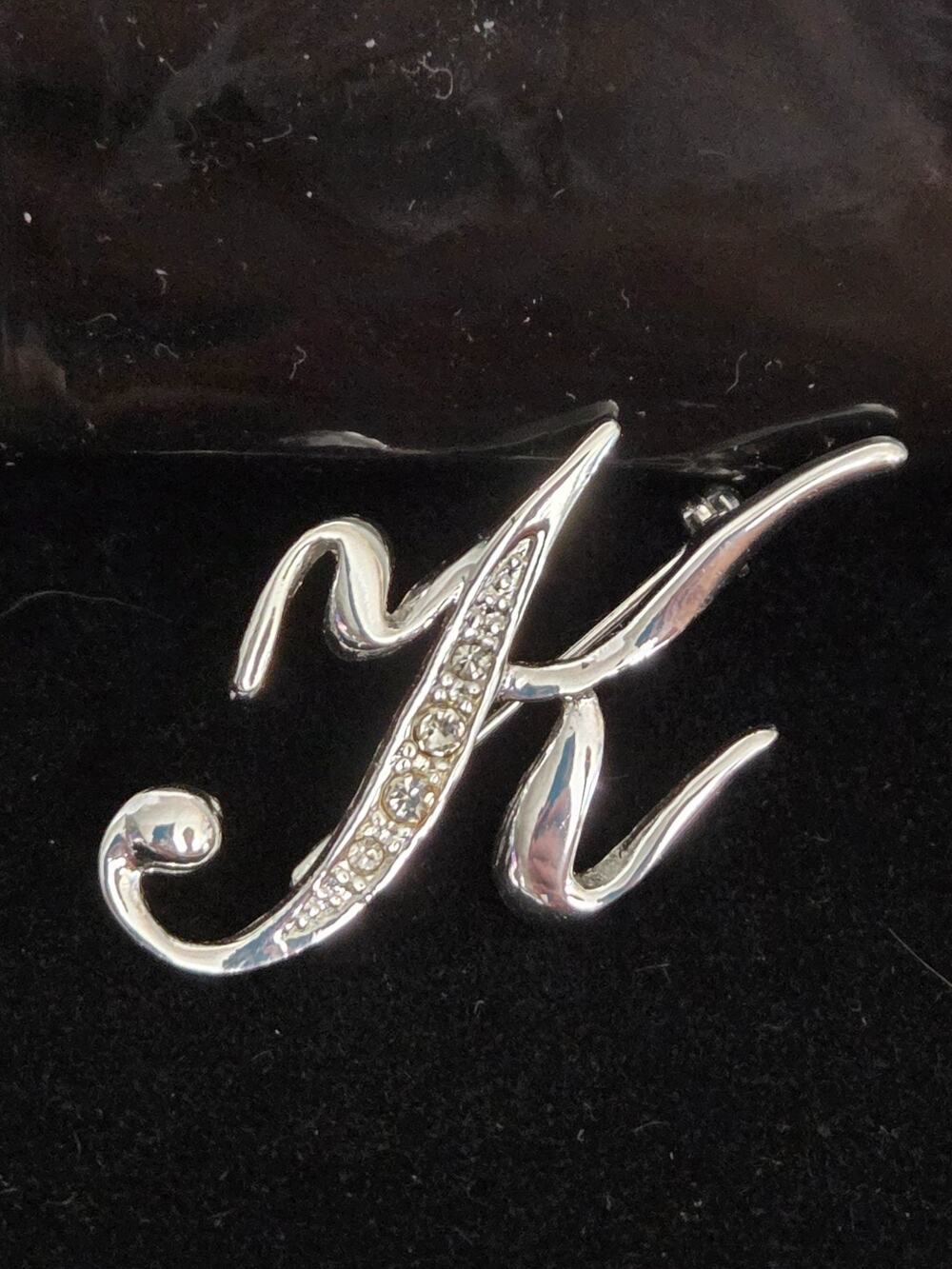 Silver Tone Letter K Initial Brooch Clear Rhinestone Script Monogram Pin #AEP1